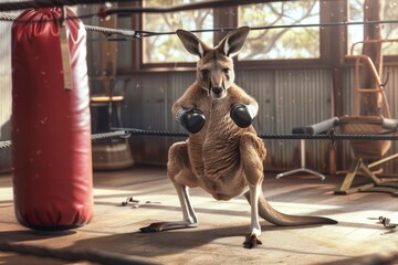 A kangaroo wearing boxing gloves, hopping around a ring, punching a heavy bag in a gym setting