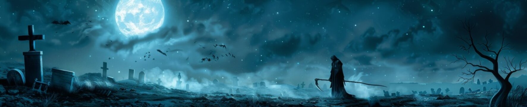 A grim reaper in a moonlit graveyard, his scythe gleaming, as he collects the souls of the departed