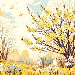 forsythia flower background - 개나리꽃. Generative AI
