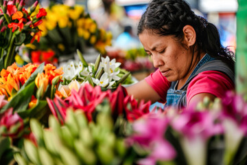 Woman florist making bouquets of flowers at flower market
 - obrazy, fototapety, plakaty