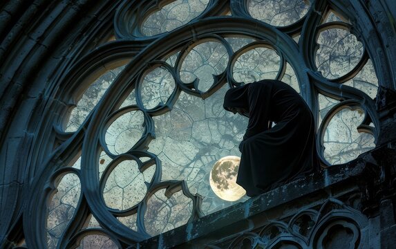A hunchback creature in the bell tower of Notre Dame, silhouetted against the moon, watching the world from above