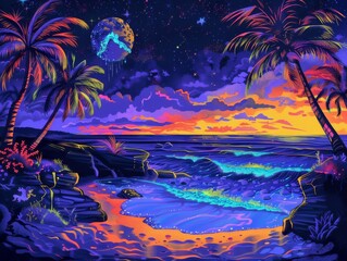 A neon-infused tropical beach with bioluminescent waves and palm trees under a starry sky