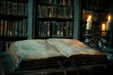 A possessed book in an old library, its pages turning on their own, whispering dark secrets and curses to the reader