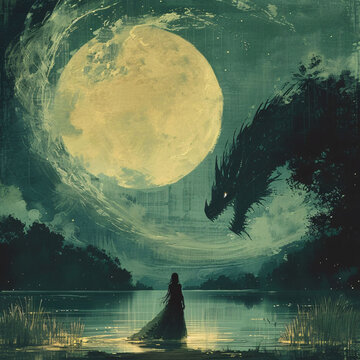 Frau Drache D&radic;&sect;mon Monster Mond Nacht D&radic;&ordm;ster Dunkel Gothic Angst Depression Innerer Krieg Abgrund Seele Schwarz Seelische Mentale Gesundheit Psyche