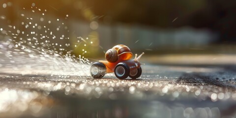 A snail racing on a miniature motorbike, leaving a shimmering trail on a racetrack - obrazy, fototapety, plakaty