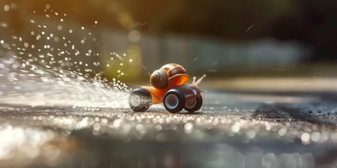 Fotobehang A snail racing on a miniature motorbike, leaving a shimmering trail on a racetrack © Shutter2U