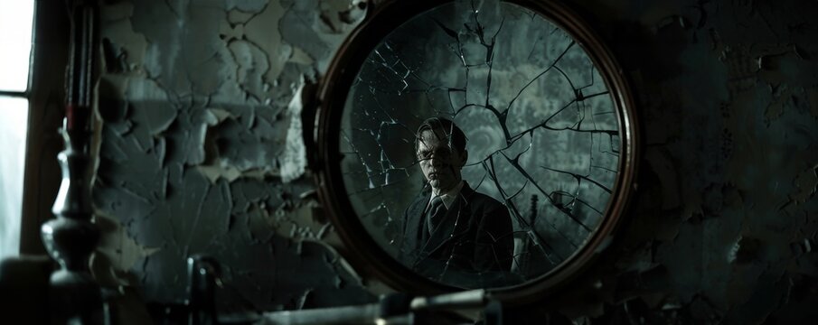 A sinister Jekyll and Hyde, reflected in a cracked mirror, revealing the monstrous transformation in a dimly lit Victorian study