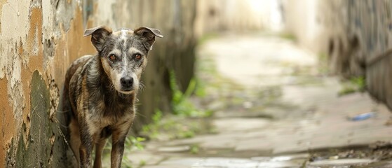 A stray dog with a limp, pausing in a narrow alley, its face marked by time and abandonment