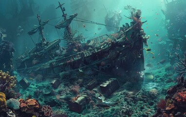 A sunken shipwreck teeming with sea life, coral growths, and treasure chests amidst the murky ocean depths