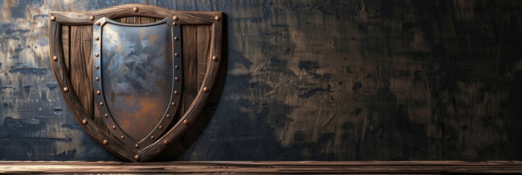Grey metal and wooden shield on dark textured background. Wide photorealistic banner with copy space. Security, protection, medieval and smithy concept.