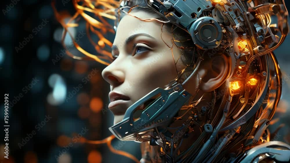 Poster connection of human woman and artificial intelligence robot. the concept of merging a person and a c
