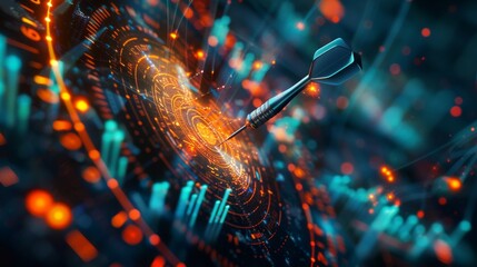 Close-up on a dart hitting bullseye, surrounded by digital graphs and glowing success metrics for a financial report cover