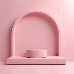 Minimalist blank cylinder podium with arch shape battens backdrop, soft pink pastel - obrazy, fototapety, plakaty