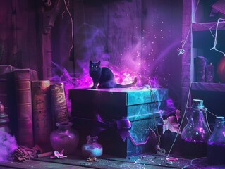 Enchanted Halloween gift box, glowing in a dark room, surrounded by potions, books of spells, and a black cat, mysterious aura
