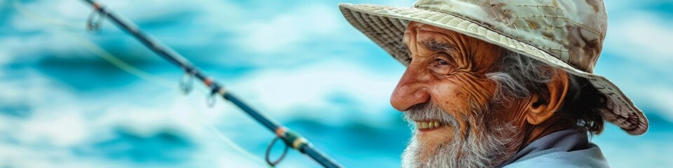Elderly white fisherman smiling at the sea, his face weathered but serene, holding a fishing rod - obrazy, fototapety, plakaty
