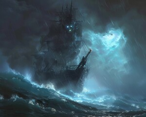 Ghostly Flying Dutchman rising from the ocean depths, phantom lights flickering, in a stormy sea with towering waves - obrazy, fototapety, plakaty