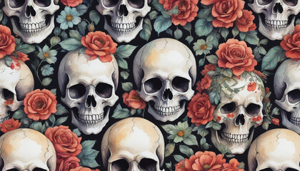 Illustration Of Skulls And Flowers Pattern