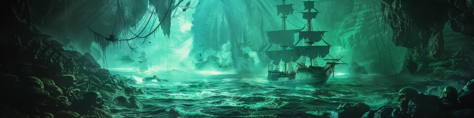 Jolly Roger anchored in a haunted cove, eerie green light illuminating skeletal pirates, with a foreboding cliff backdrop