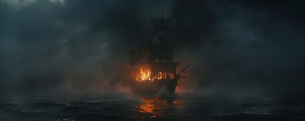 Jolly Roger in a phantom chase through misty seas, spectral flames outlining its hull, under a dark, starless sky