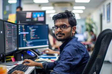 Handsome Indian businessman working on computer at modern startup office space
