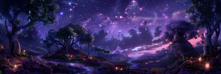Fototapeta premium Nighttime in Eden Park, under a sky of swirling galaxies, with pathways lit by glowing stones and fairies flitting between trees