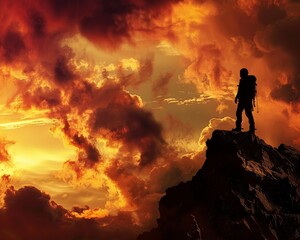 Obraz na płótnie Canvas Silhouetted explorer on a ridge, fiery clouds above, adventure beckons