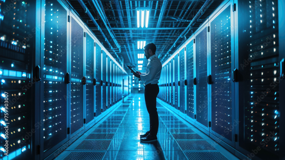 Poster man is standing in a data center with rows of server racks, holding a tablet and presumably managing