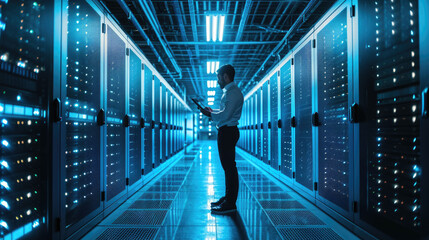 Man is standing in a data center with rows of server racks, holding a tablet and presumably managing or monitoring the network infrastructure.
