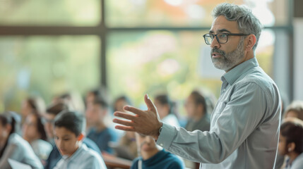 Fototapeta premium Male teacher engaging with a classroom of diverse students