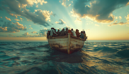 Abandoned old wooden boat vessel overloaded with African refugees people floating and needed for help in open sea before sunset. SOS, war refugees and social and mental poverty issues concept image. - obrazy, fototapety, plakaty
