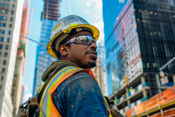 Portrait of a construction worker with helmet and safety glasses in New York City
