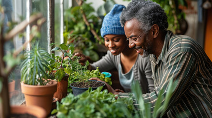 Elderly man and a young woman are gardening together, smiling as they tend to potted plants in a greenhouse.