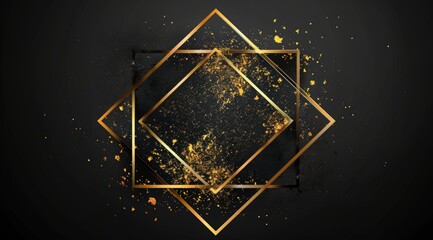 Luxury gold and black premium vip card background. A golden square frame on black background, with gold ink splashes inside the diamond shape of the frame - obrazy, fototapety, plakaty