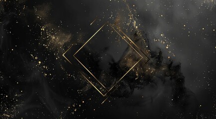 Luxury gold and black premium vip card background. A golden square frame on black background, with gold ink splashes inside the diamond shape of the frame