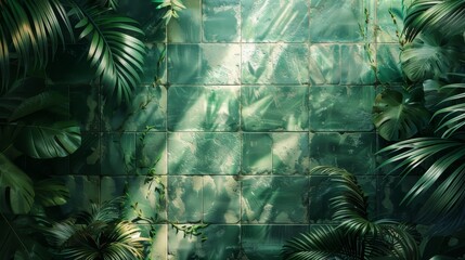 Shadows and light play across a wall of glossy green tiles obscured by an overgrowth of tropical leaves. - obrazy, fototapety, plakaty