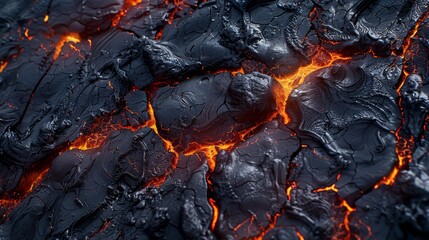 Close-up of cooling lava with glowing red cracks, representing nature's raw power and geothermal energy.