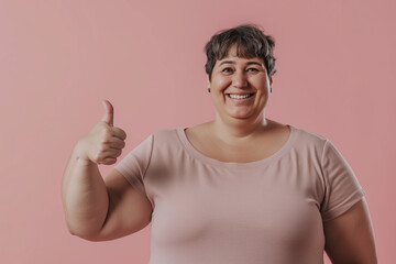 Happy overweight woman showing thumbs up gesture and smiling at camera isolated on pink background closeup