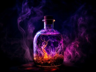 Obraz na płótnie Canvas Magic potion in a bottle with fire and smoke on a dark background