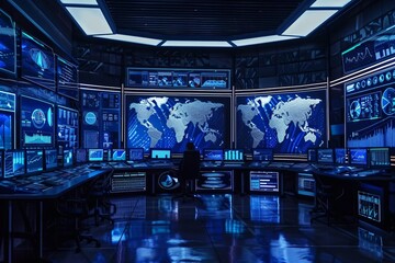 Futuristic network operations center displaying global data streams and cybersecurity threats on a seamless array of screens. - obrazy, fototapety, plakaty
