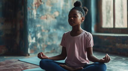 Young girl sitting in the lotus position on a yoga mat, practicing meditation with her eyes closed