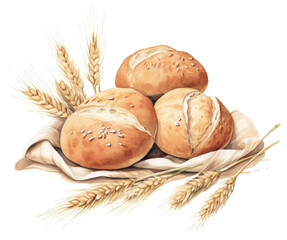 Artful watercolor scene with bread and wheat