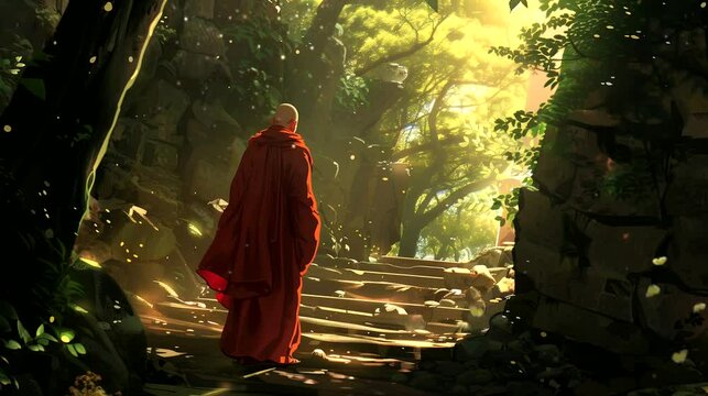 Monk activity . Fantasy landscape anime or cartoon style, looping 4k video animation background