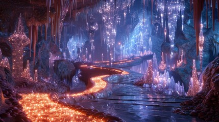 A breathtaking fantasy crystal cave, with stalactites and geodes emitting an otherworldly glow above a winding luminous river. - obrazy, fototapety, plakaty