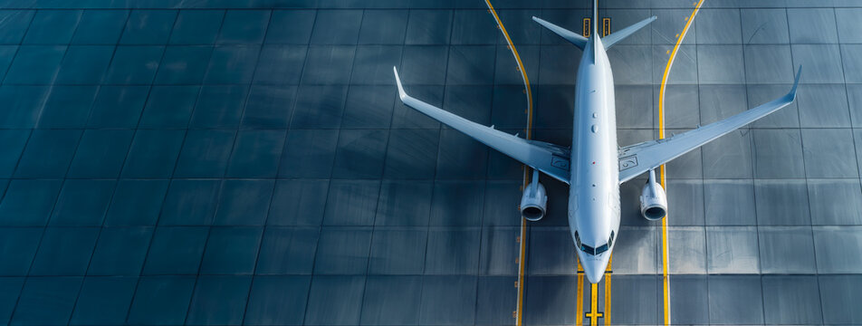 Overhead view of a passenger plane parked on wet tarmac A jet airliner or jetliner is an airliner powered by jet engines . Airliners usually have two or four jet engines. copy space , banner