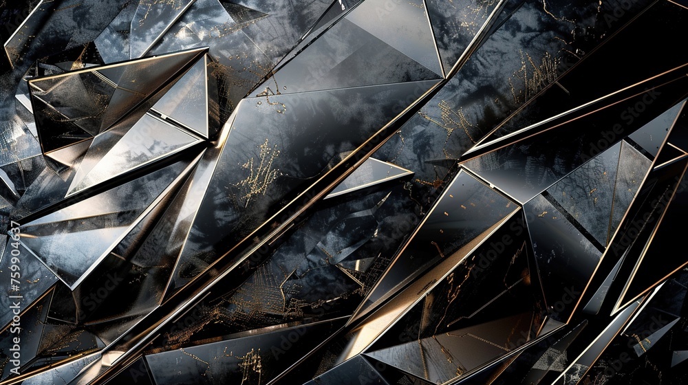 Poster an abstract artwork featuring intricate geometric patterns and metallic accents, creating a modern a