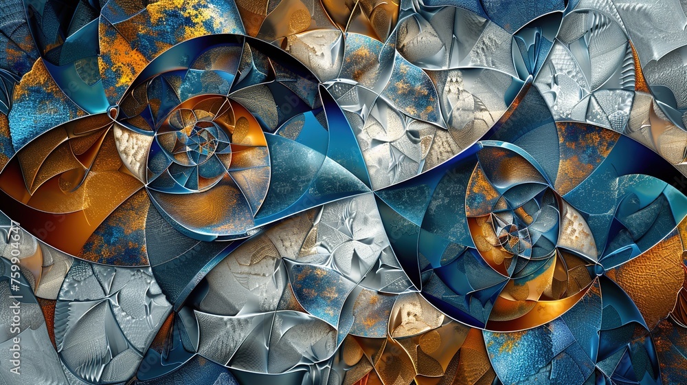 Poster an abstract artwork featuring intricate geometric patterns and metallic accents, creating a modern a