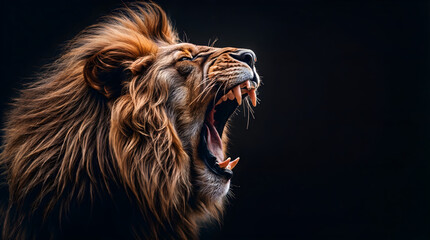 A lion with a large mane and open mouth revealing sharp teeth, against a black background