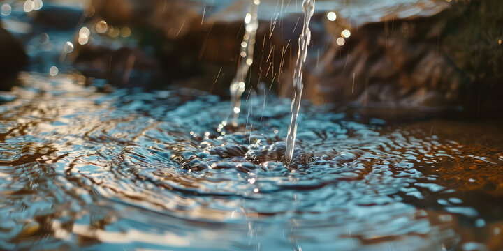 Natural water source, well. Close-up Water gently flowing from a natural stone fountain into a serene pond.