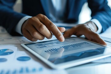 Businessperson analyzing financial statistics on tablet.