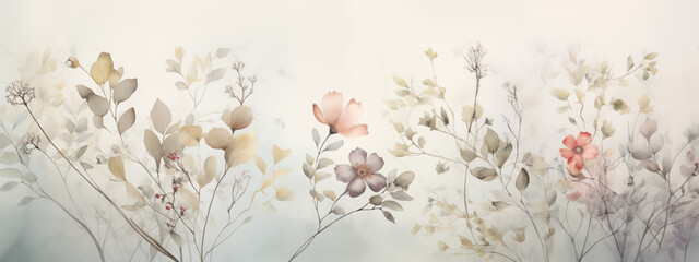 Pastel Botanical Composition with Various Flowers and Leaves